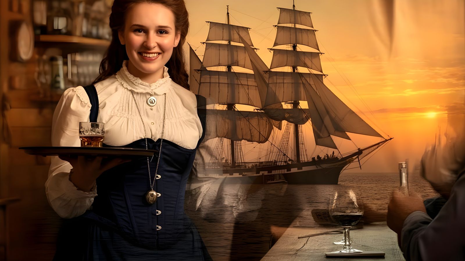 Harbor Tavern Woman with Clipper Ship Overlay