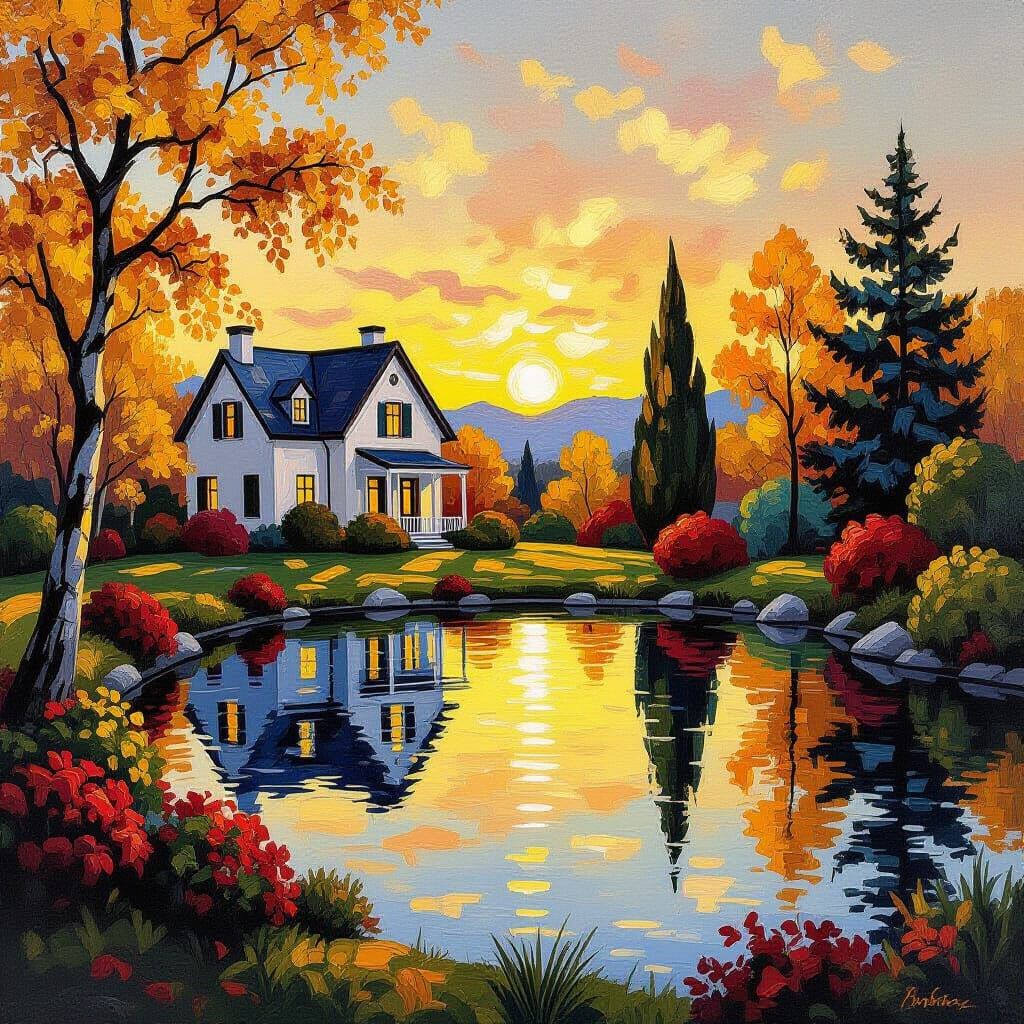 Autumnal Pond House in Impressionistic Style
