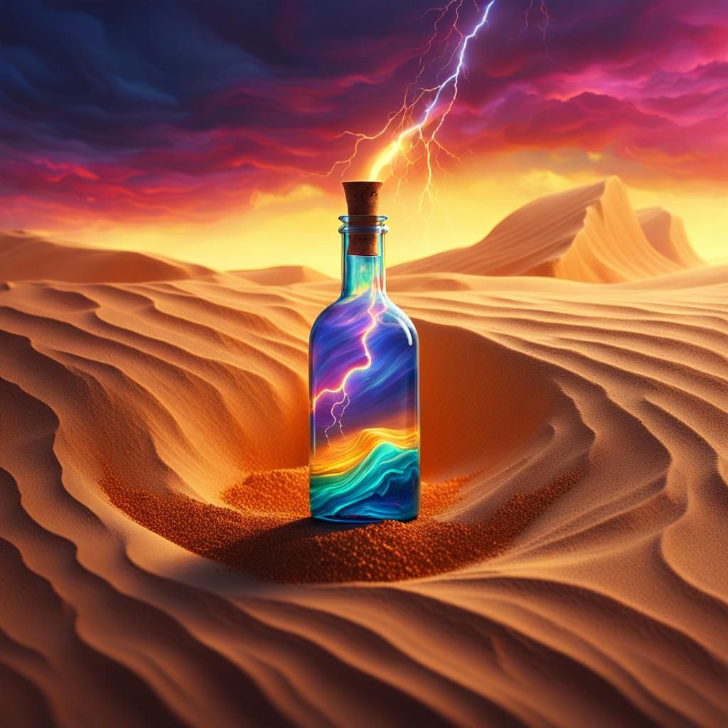 Lightning Flash Illuminates Sand Art in Glass Bottle