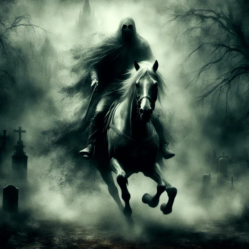 Headless Horseman Ghostly Spirit in Apocalyptic Cemetery