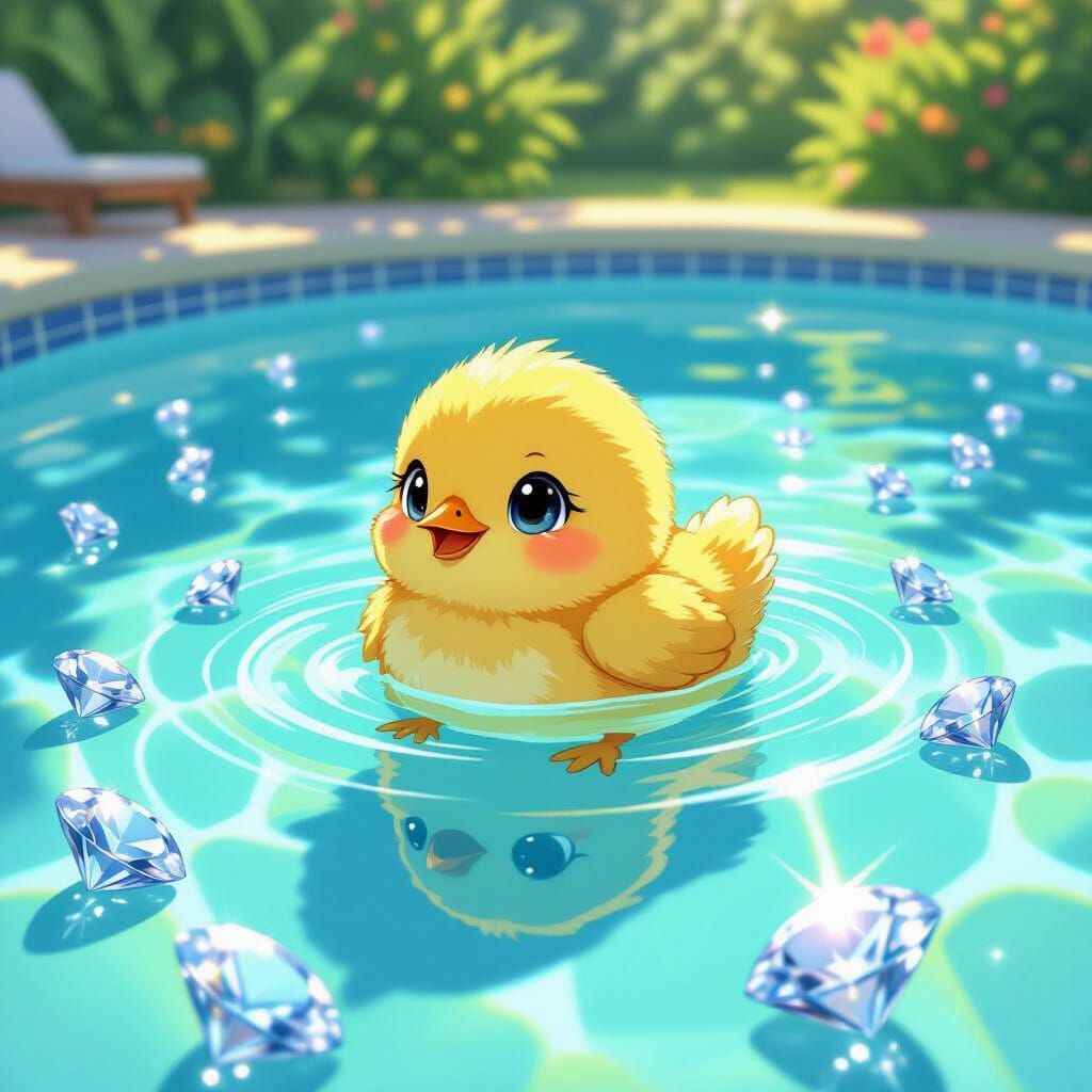 Fluffy Chick Swims with Diamonds in Sunny Pool