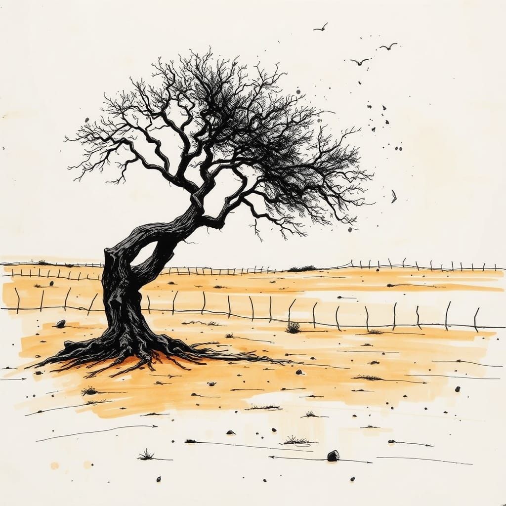 Arid Desert Tree in Abstract Expressionist Style