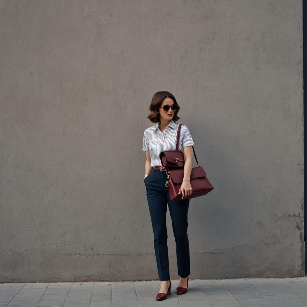 Elegant Woman's Office Outfit: Navy, Bordeaux, and Cognac