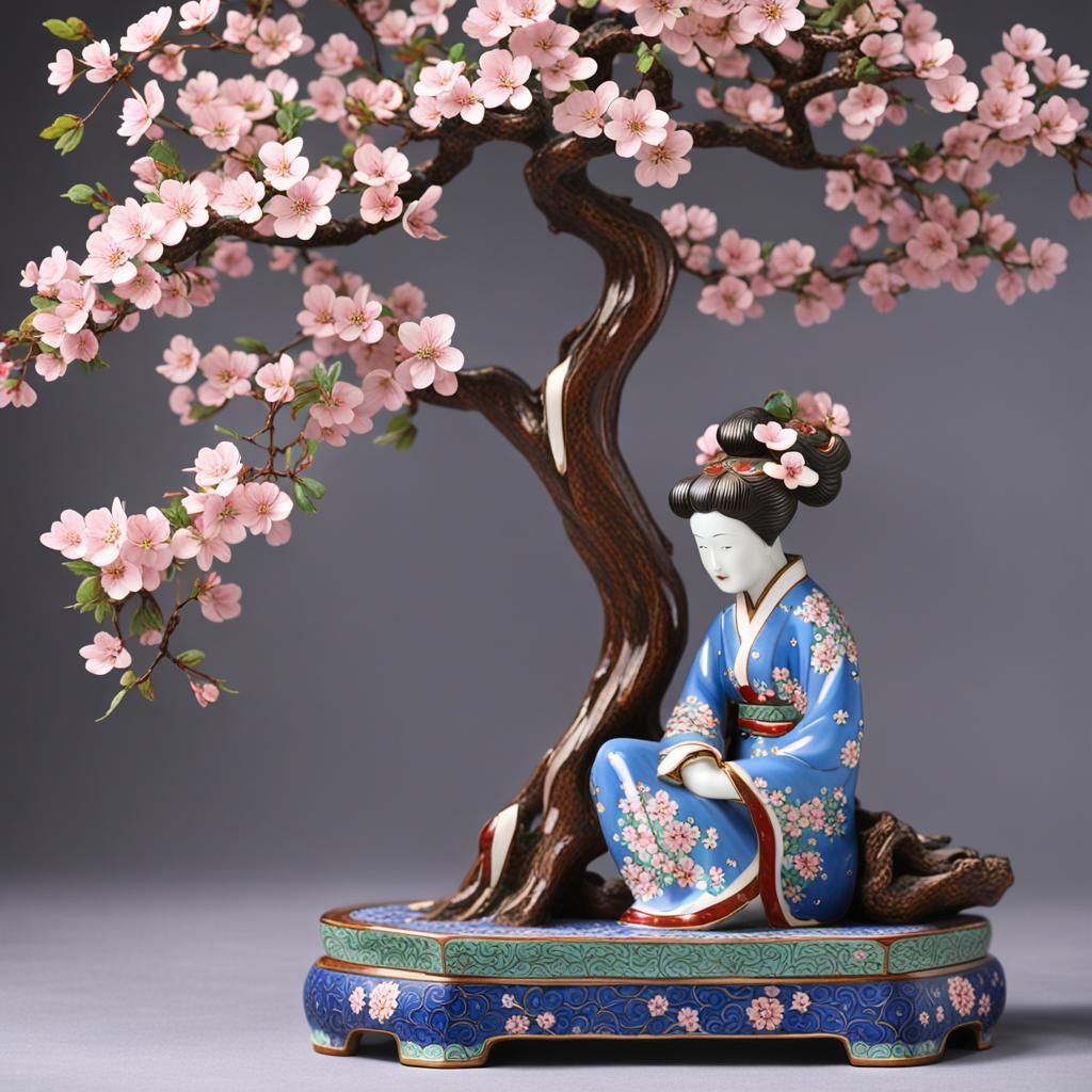 Porcelain Bonsai Woman Statue in Ceramic Style