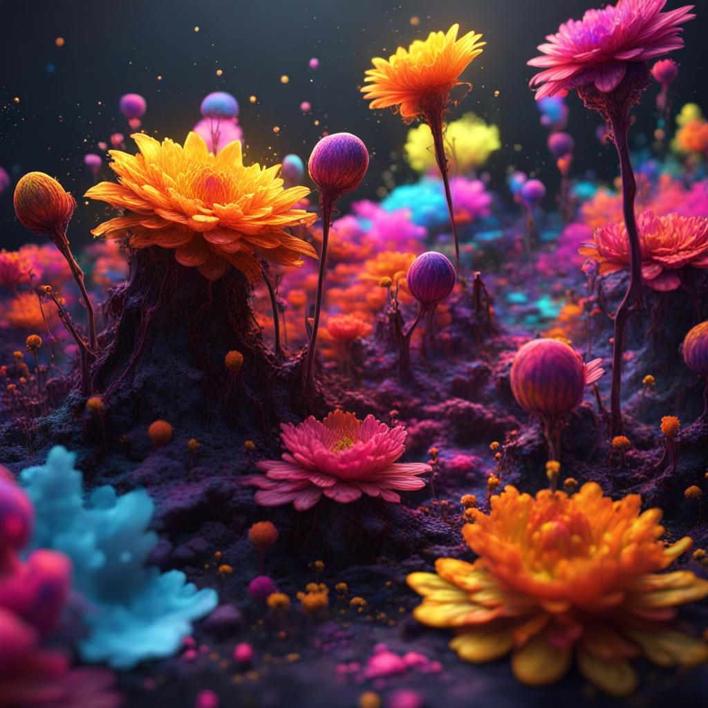 Blacklight Color Splatter Flowers in Digital Painting