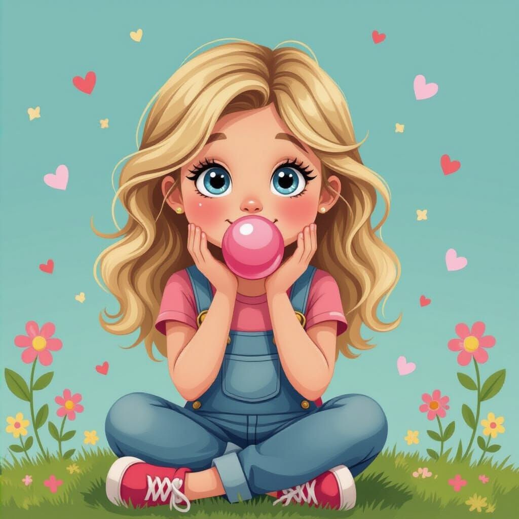 Cheerful Girl Blowing Bubble Gum in Cartoon Style