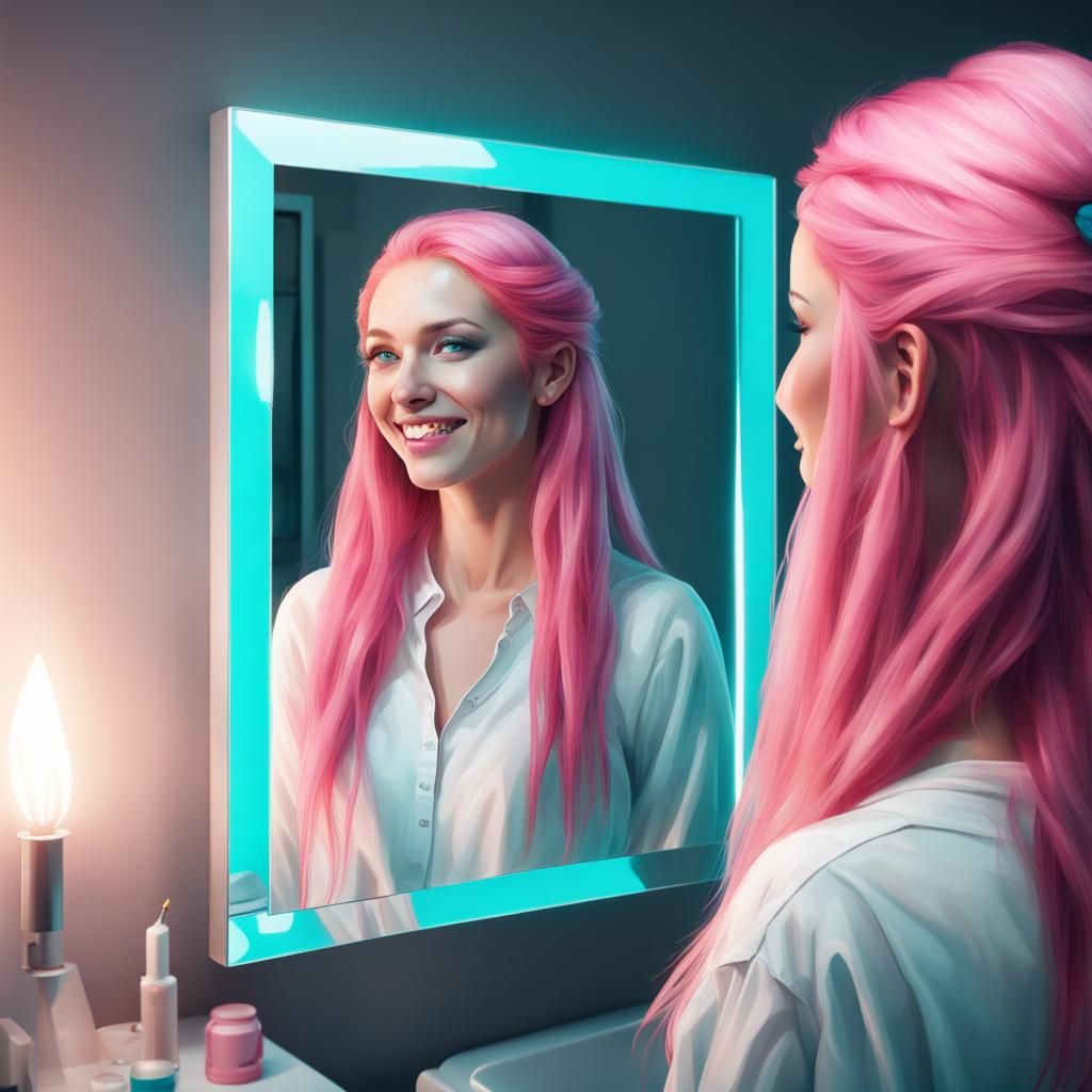 Woman with Pink Hair Gazing into Mirror, Acrylic Art