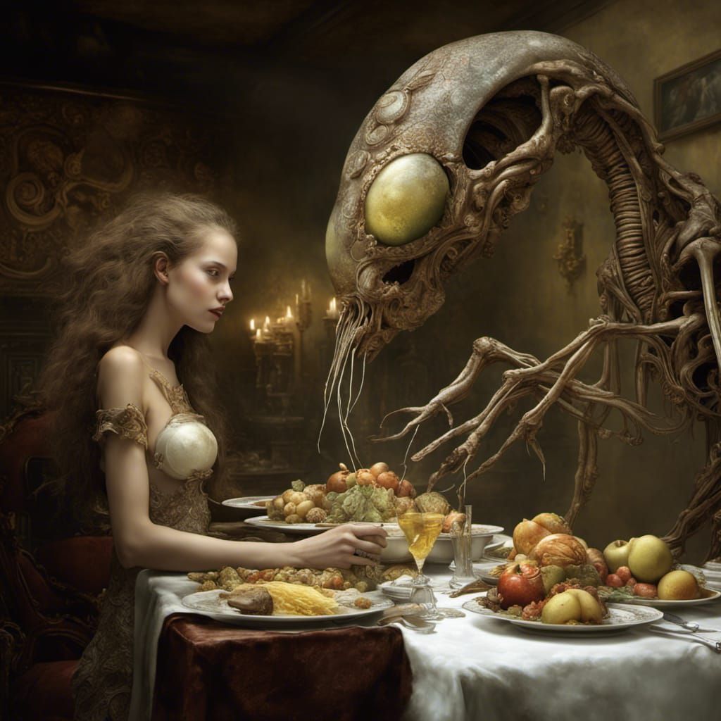 Bizarre Feast: Dreamlike Alien Celebration in 8K