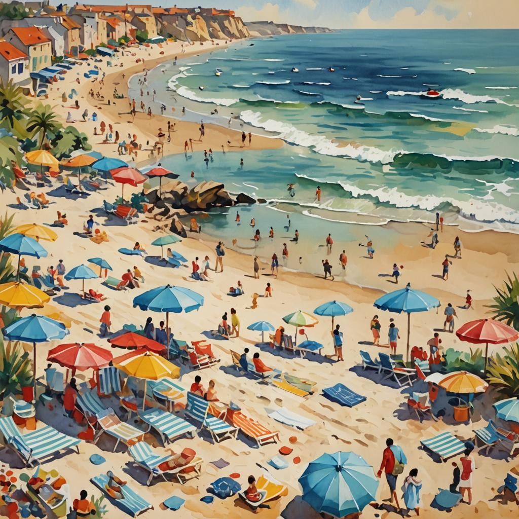 Modern Beach Scene in Gouache and Watercolor Style