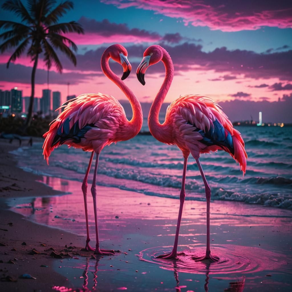 Flamingos in Miami Neon Synthwave Sunset
