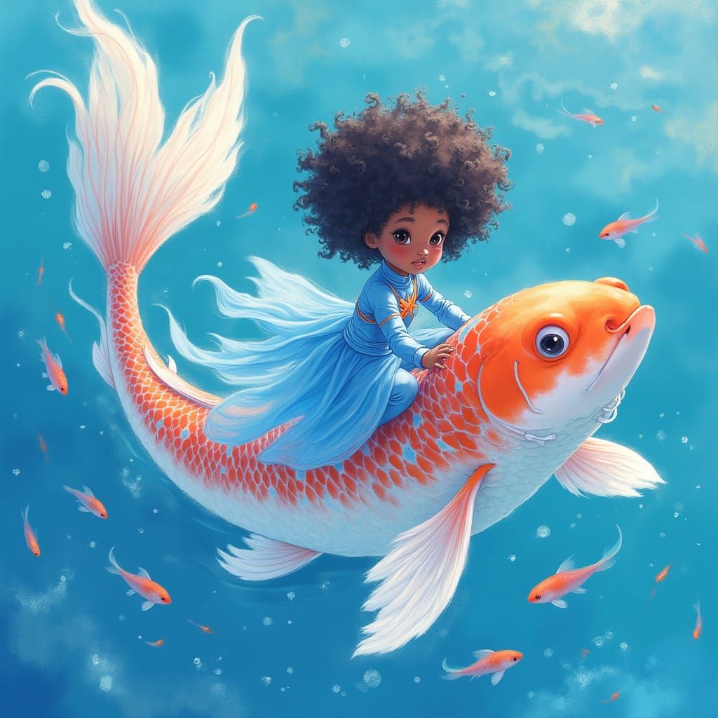 Black Teen Superhero Rides Bioluminescent Koi Fish