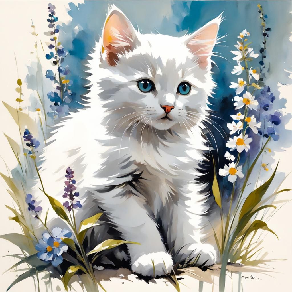 Kitten in Wildflowers: Modern Ink Painting