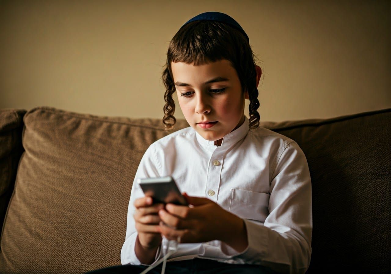 Young Haredi Boy in Cozy Home, Music Player in Hand