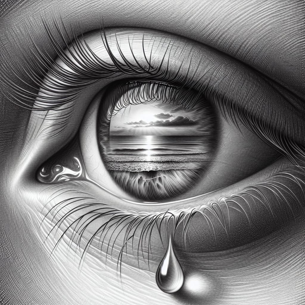 Detailed Pencil-Style Eye with Teardrop and Seaside Sunset R...