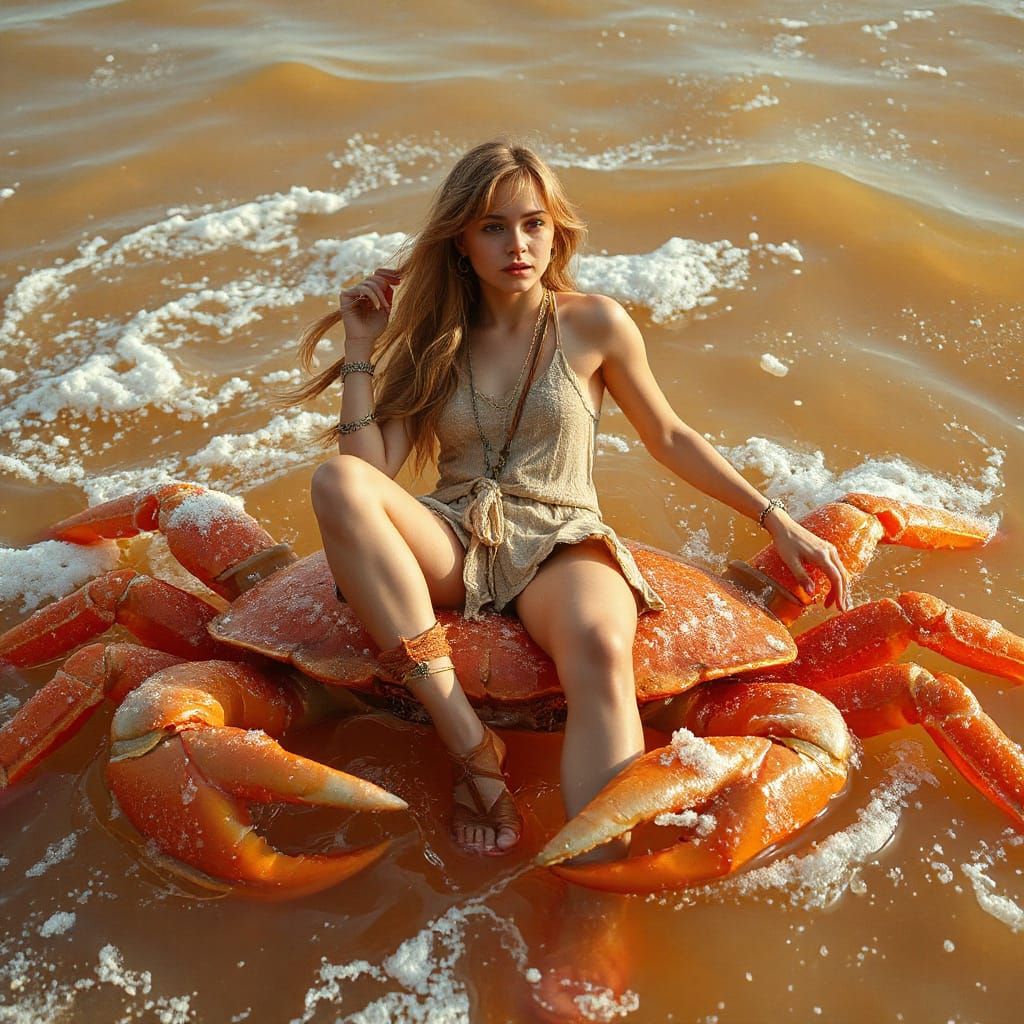 Woman on Gummy Crab in Effervescent Soda Sea