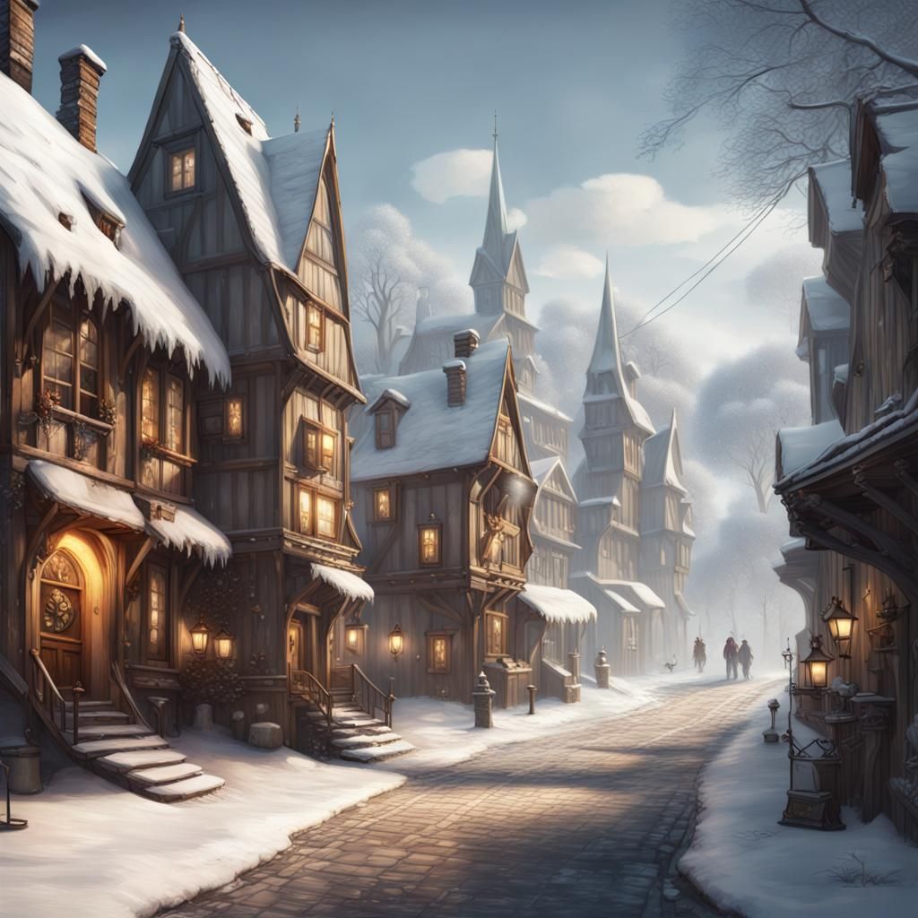Steampunk gothic medieval old village in  winter wonderland