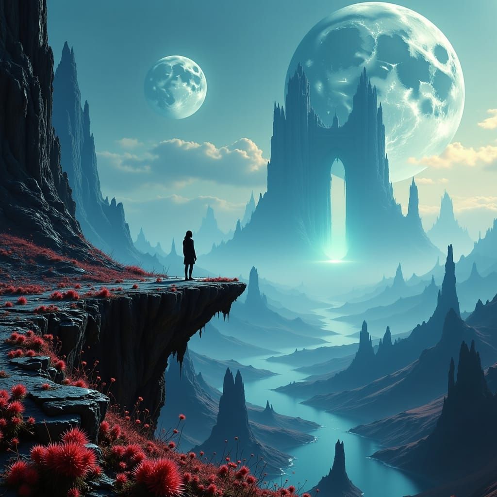 Lone Figure Overlooks Alien Ocean Under Two Moons