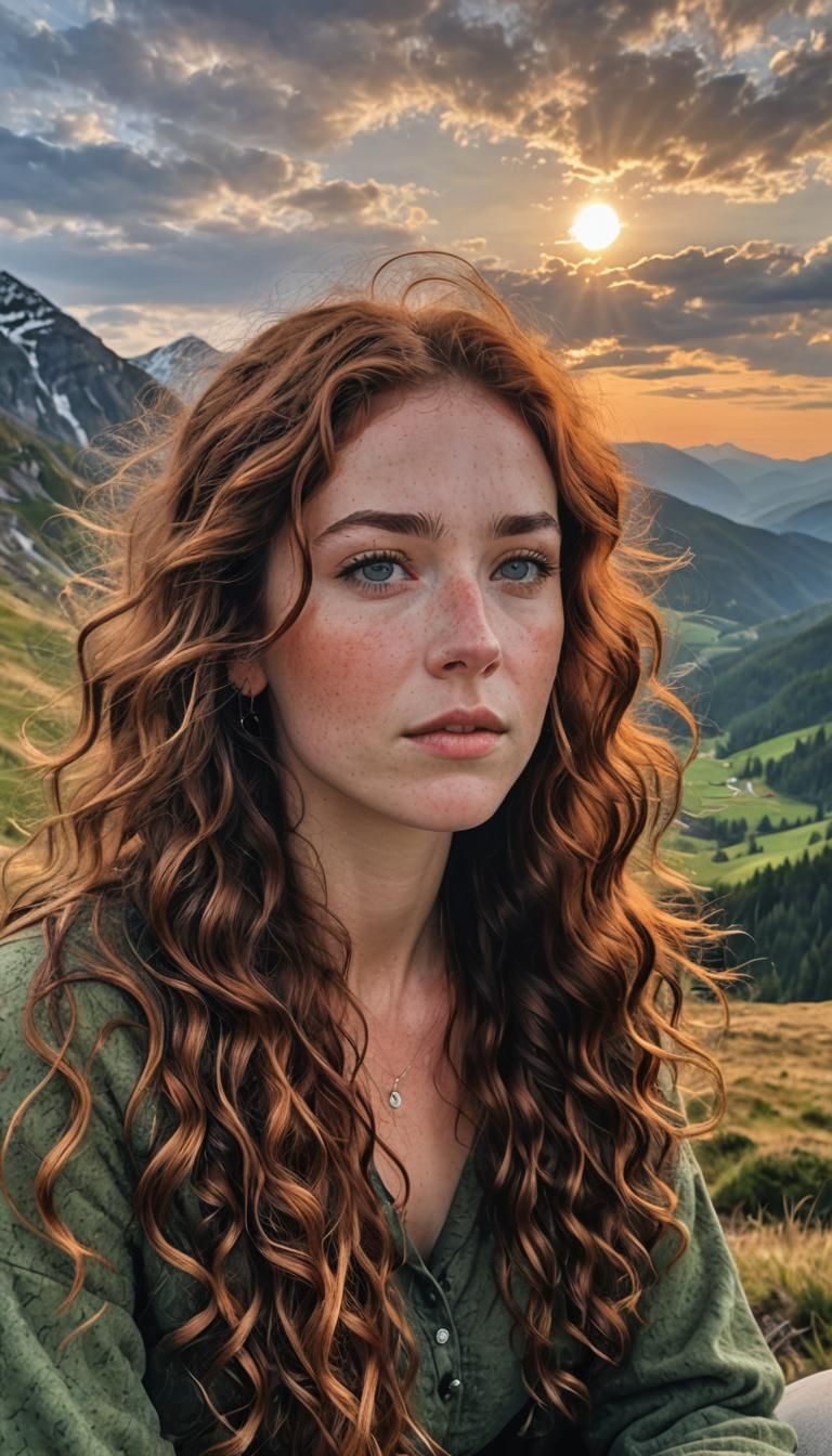 Girl Watching Sunset in Fantasy Landscape