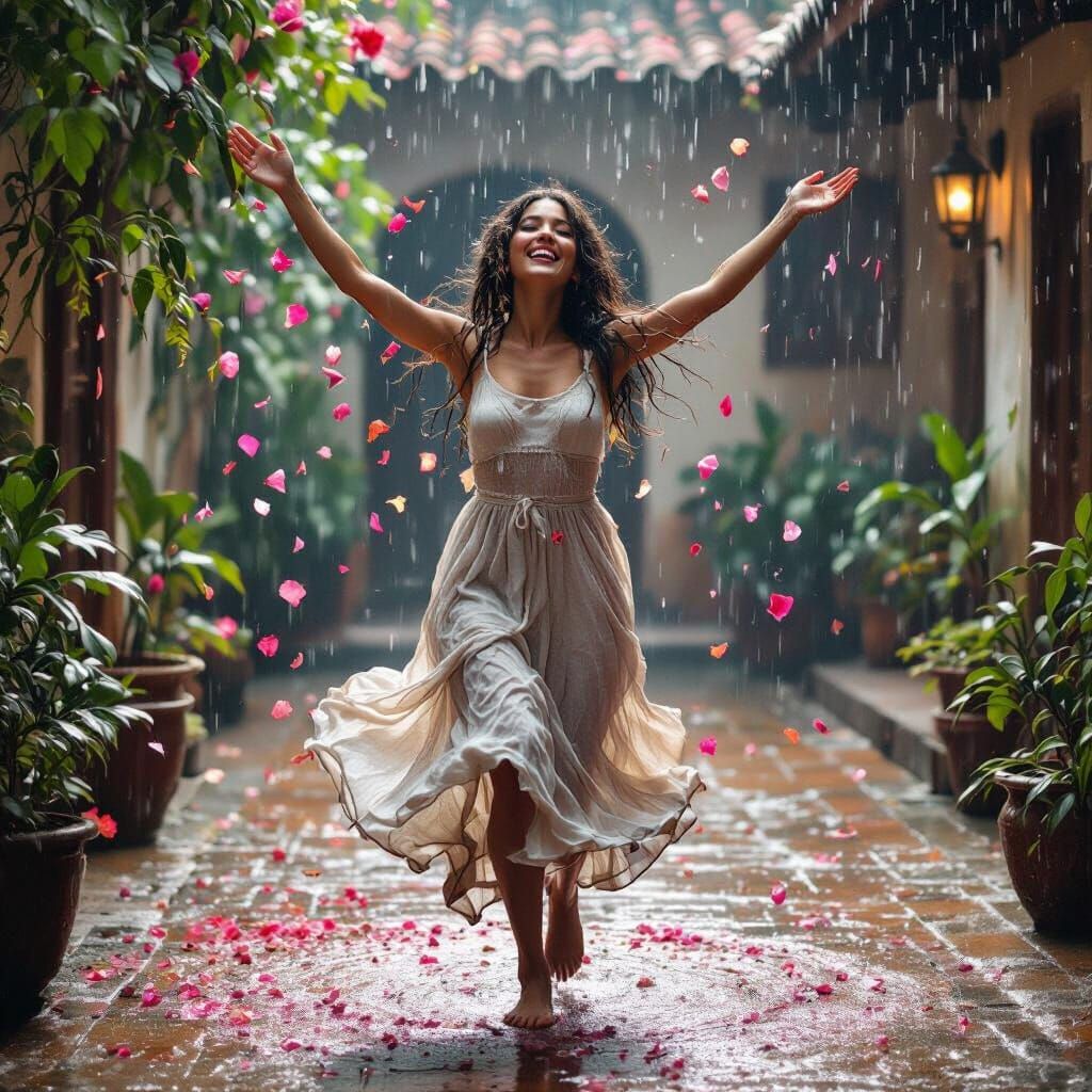 Joyful Woman Dancing in Rain: Vintage Film Style
