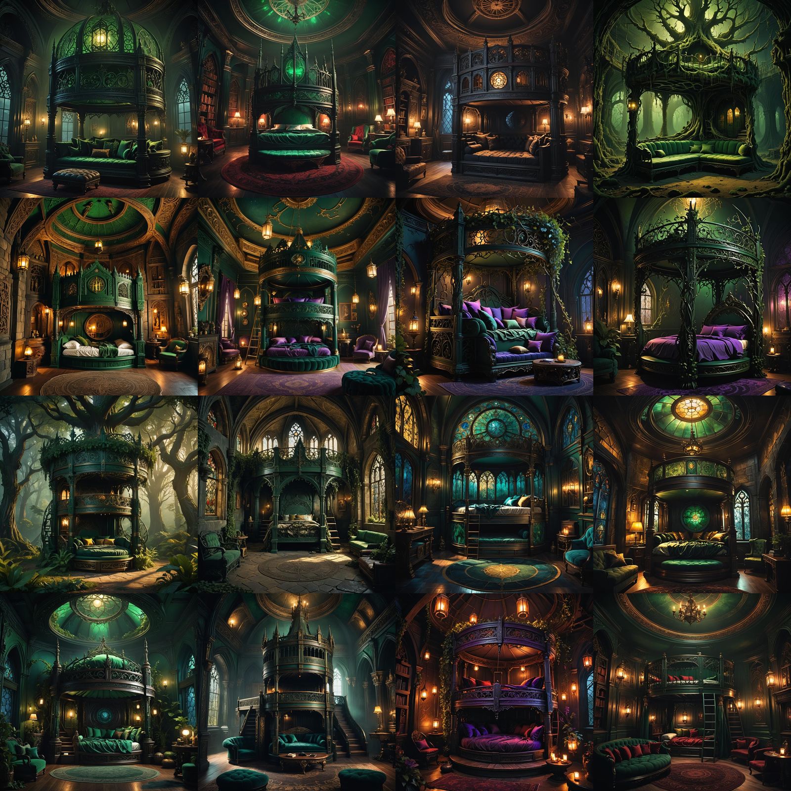 Gothic Dark Green Round Bunk Bed with Sofa