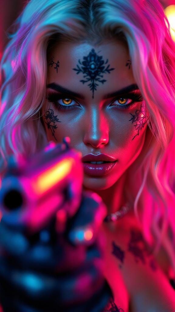 Chicana Femme Fatale with Revolver in Hyperrealistic 3D