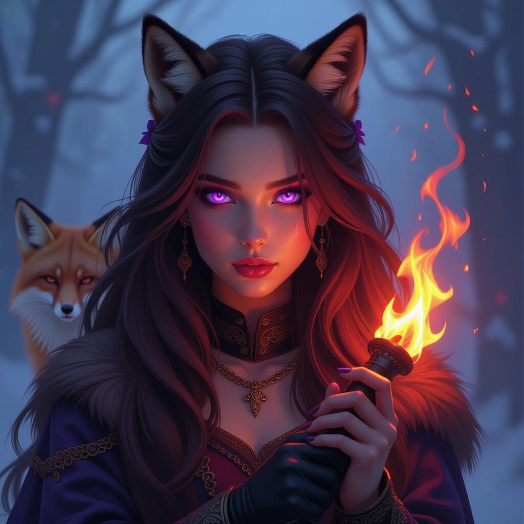 Dark Fantasy Girl with Fire Weapon and Fox Companion