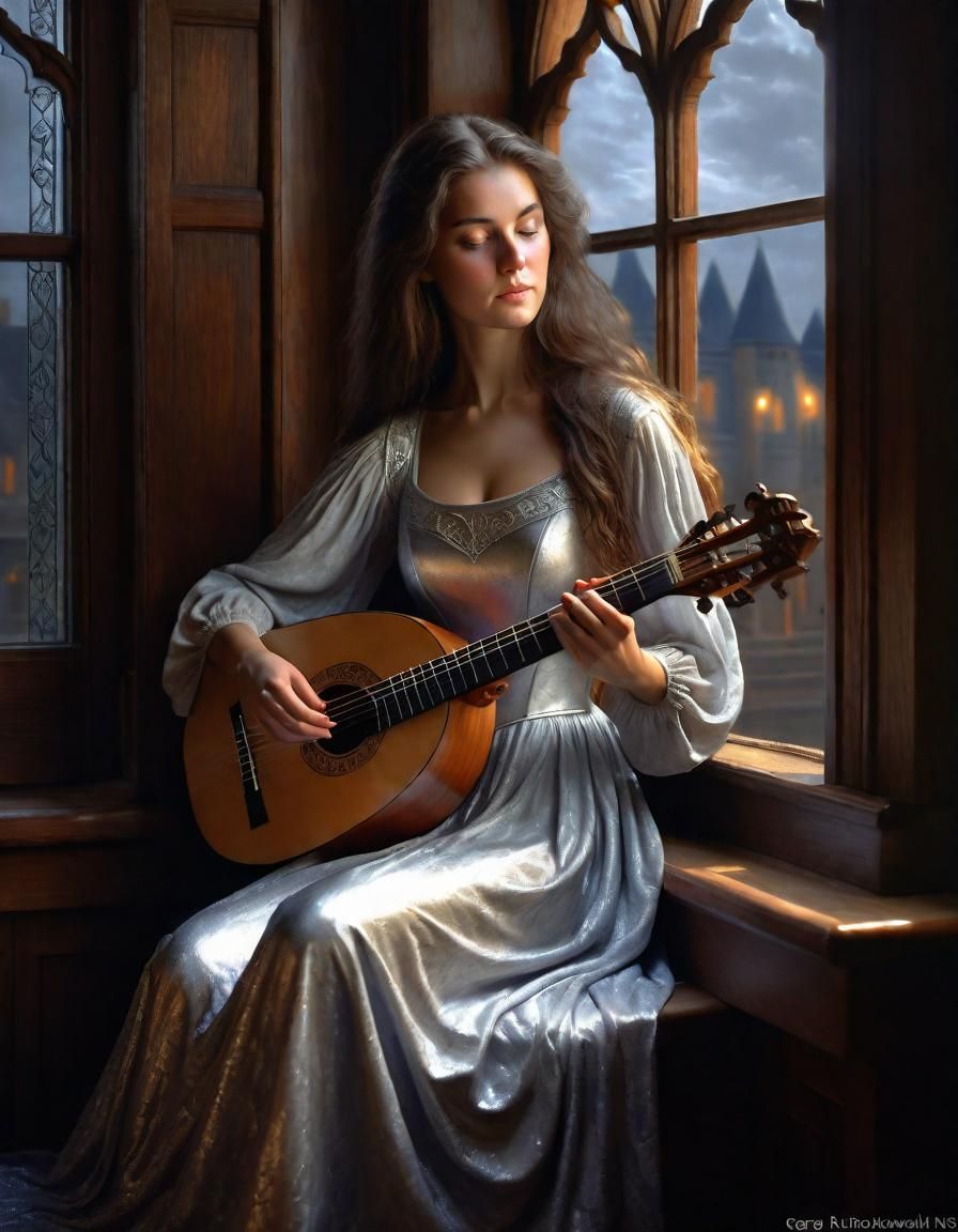 Renaissance Woman with Lute in Moonlight