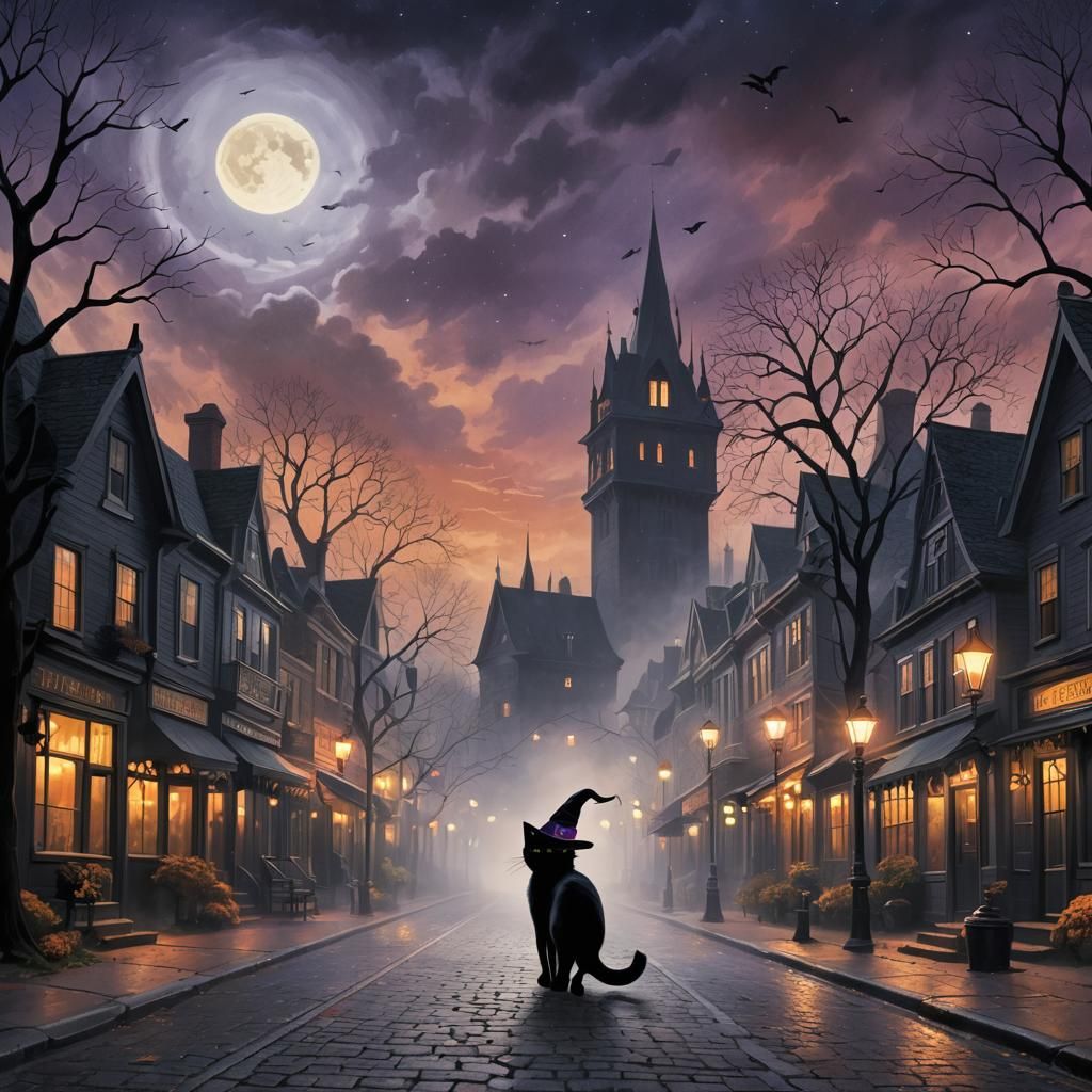 Halloween Cat in Moonlit Town Square Illustration