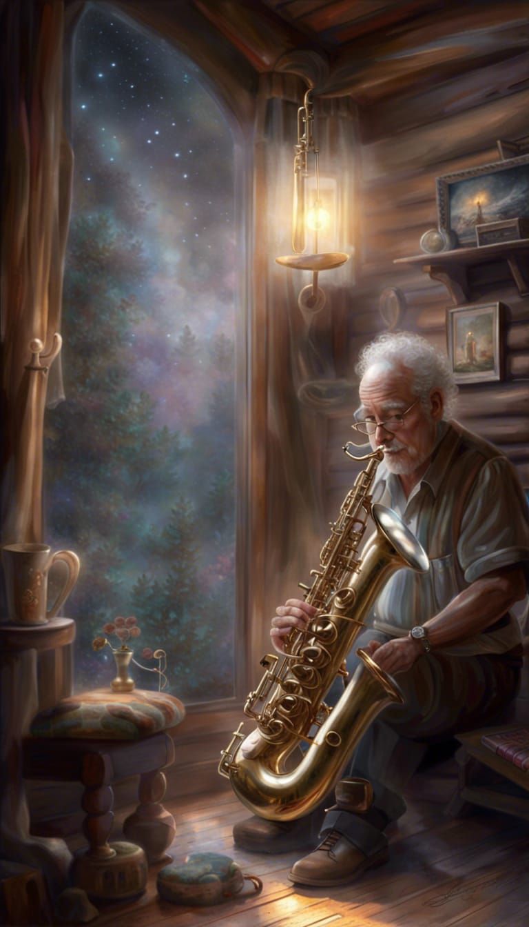 Futuristic Glass Saxophone Serenade in Rustic Cabin