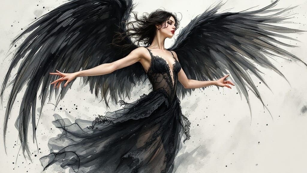 Victorian Dark Angel Ballet Dancer in Watercolor