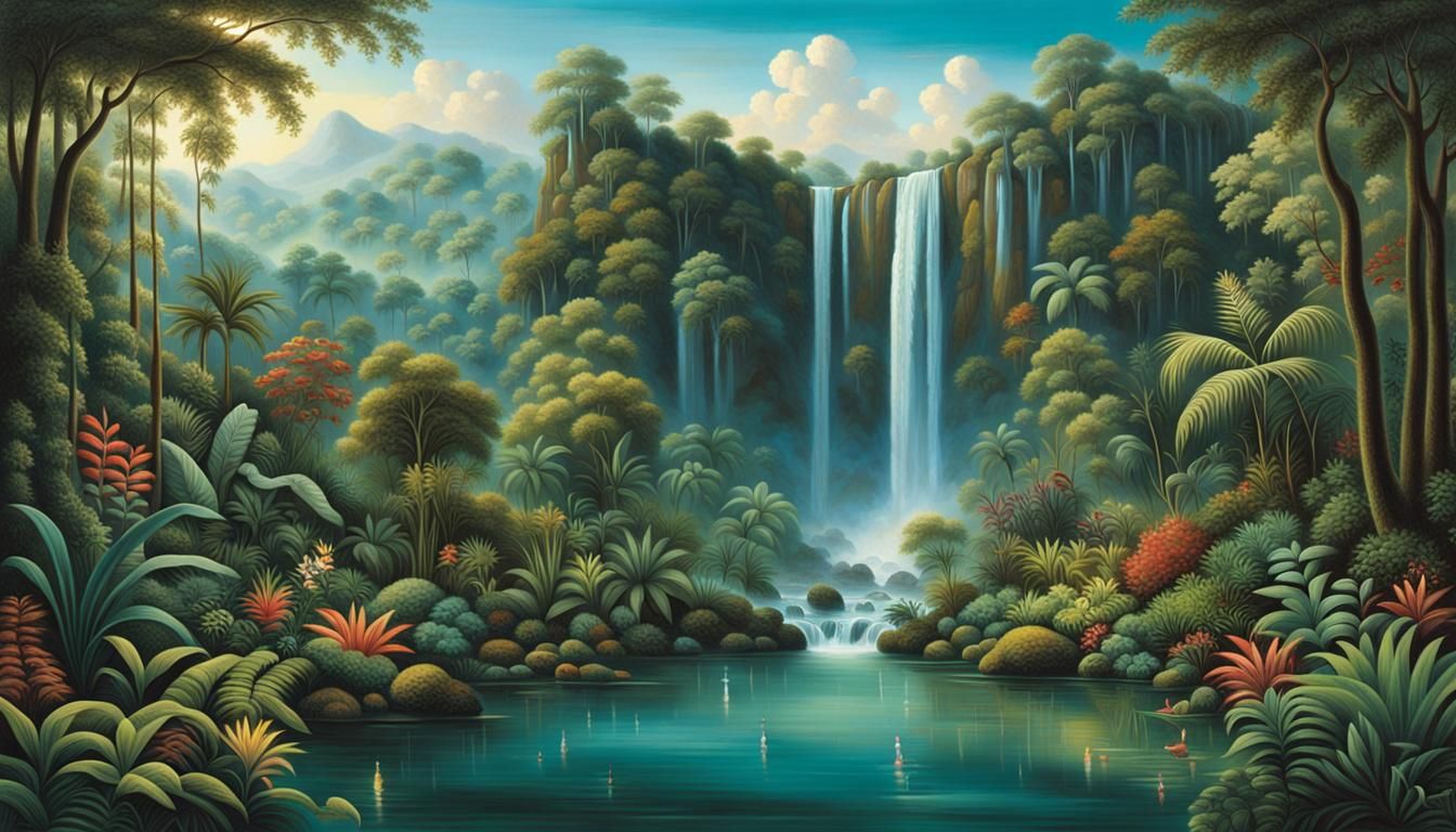 Lush Jungle Waterfall in Dreamlike Landscape