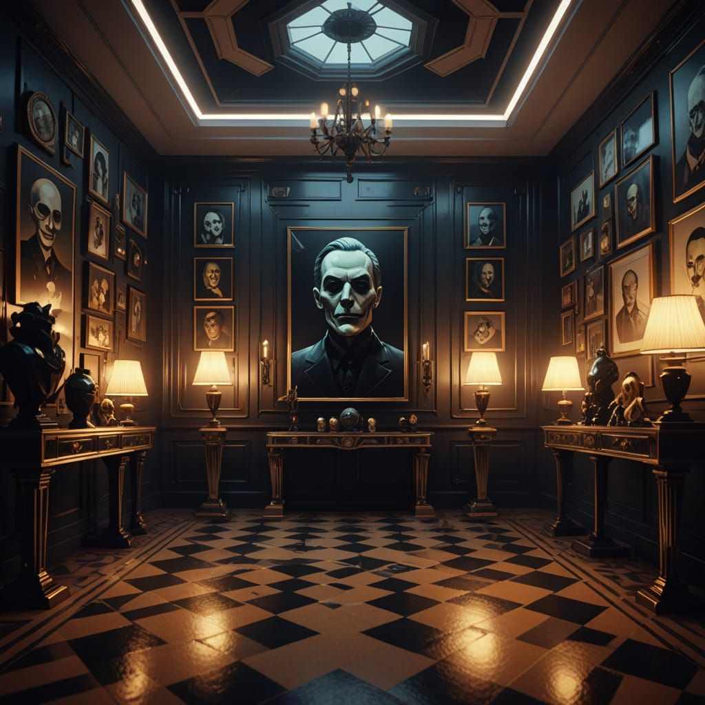 Neo-Cubist Halloween Room with Morphing Portraits