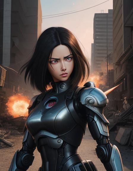 Battle Angel Alita in Sci-Fi War Zone, 3D Rendered