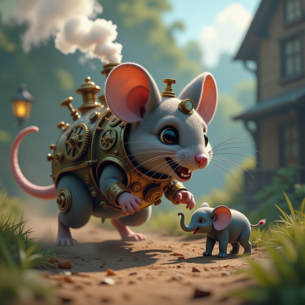 Steampunk Mouse Chasing Elephant in Pixar Style
