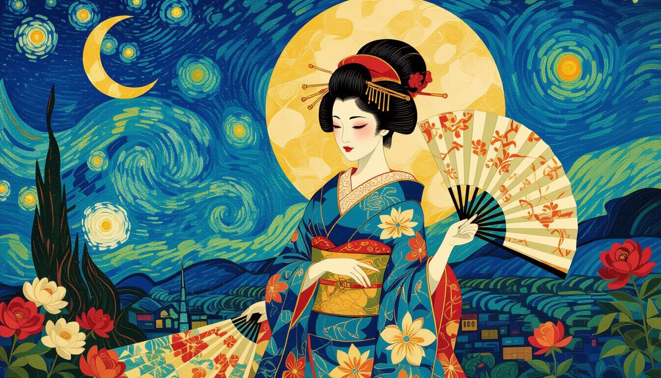 Fantastical Geisha in Fairyland Under Starry Night