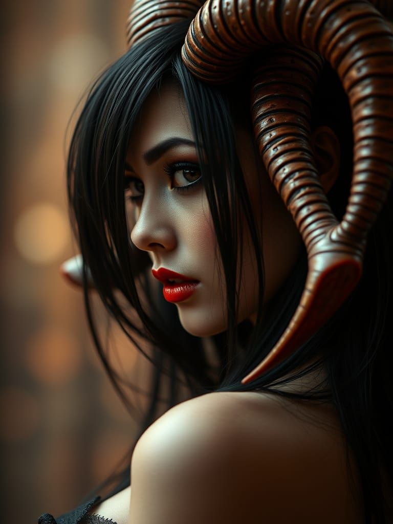 Voluptuous Succubus with Horns in Giger-Inspired Horror Port...