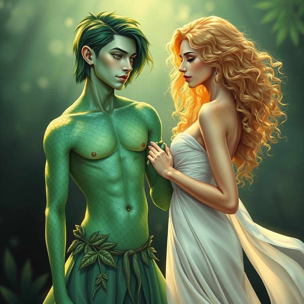 Toned Young Man with Iridescent Scales and Art Nouveau Woman