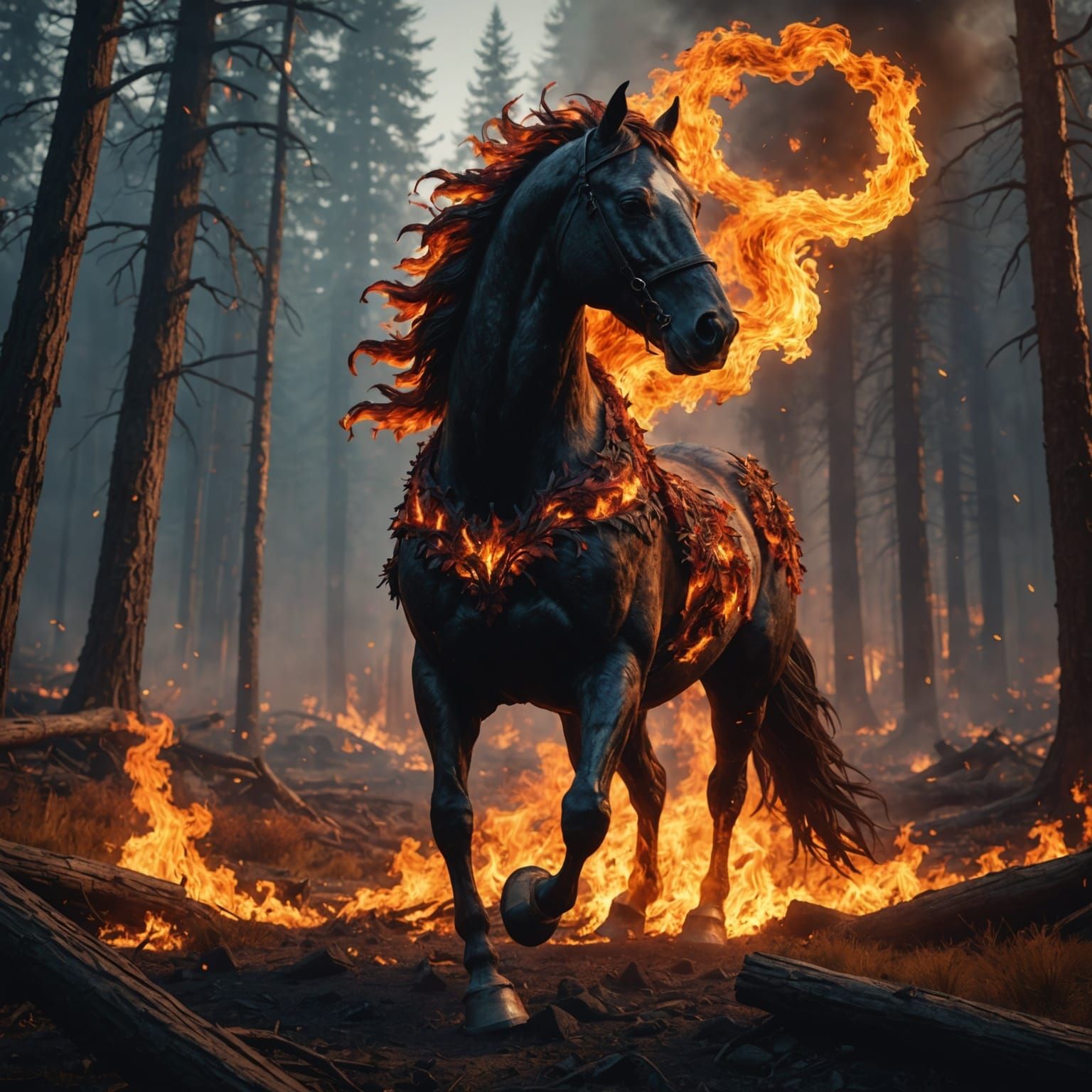 Fiery Horse Gallops Through a Burning Forest
