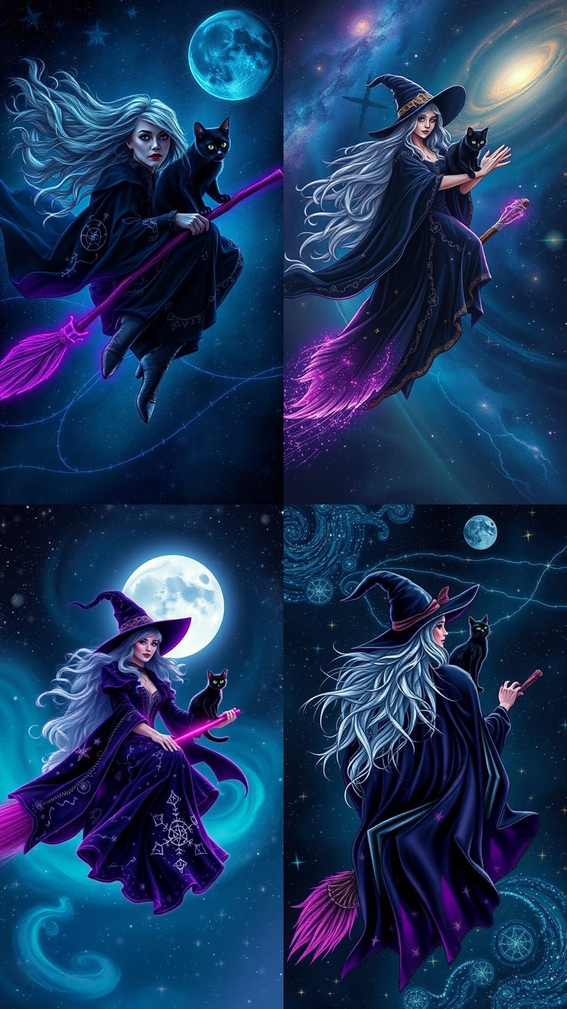Glamorous Witch Rides Neon Broomstick Through Starry Sky