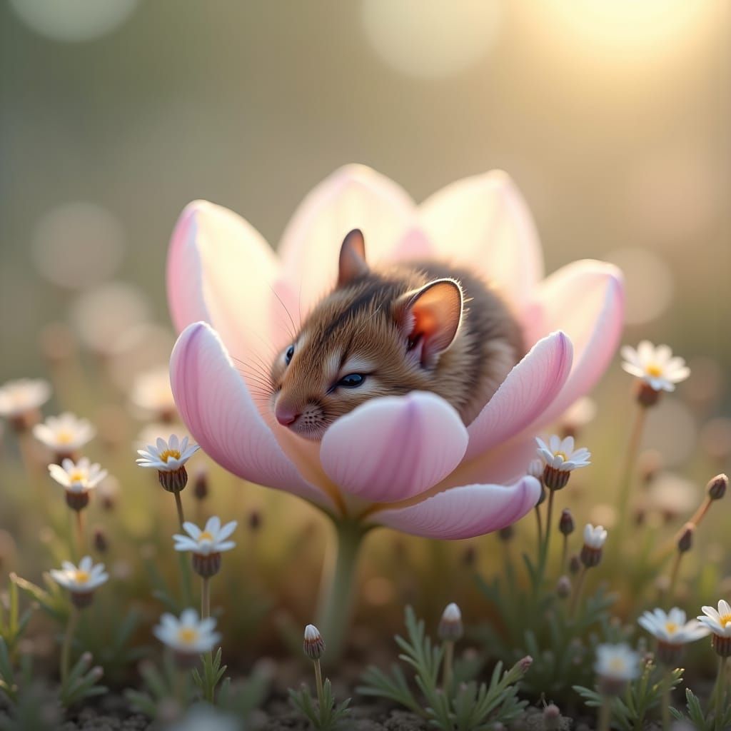 <lora:Atmospheric Neutral:1.0>  a tiny field mouse sleeping inside of a crocus. soft pastels dreamy atmospheric