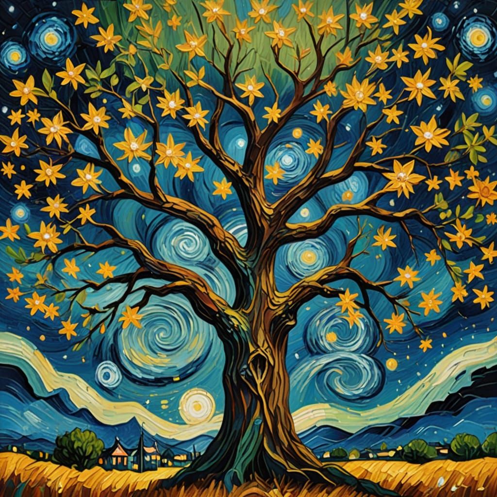 Van Gogh-Inspired Tree of Life under Starry Night Sky