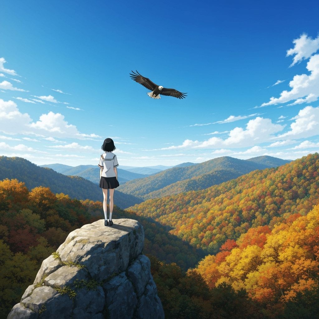 Anime Girl Overlooks Autumn Valley with Soaring Eagle