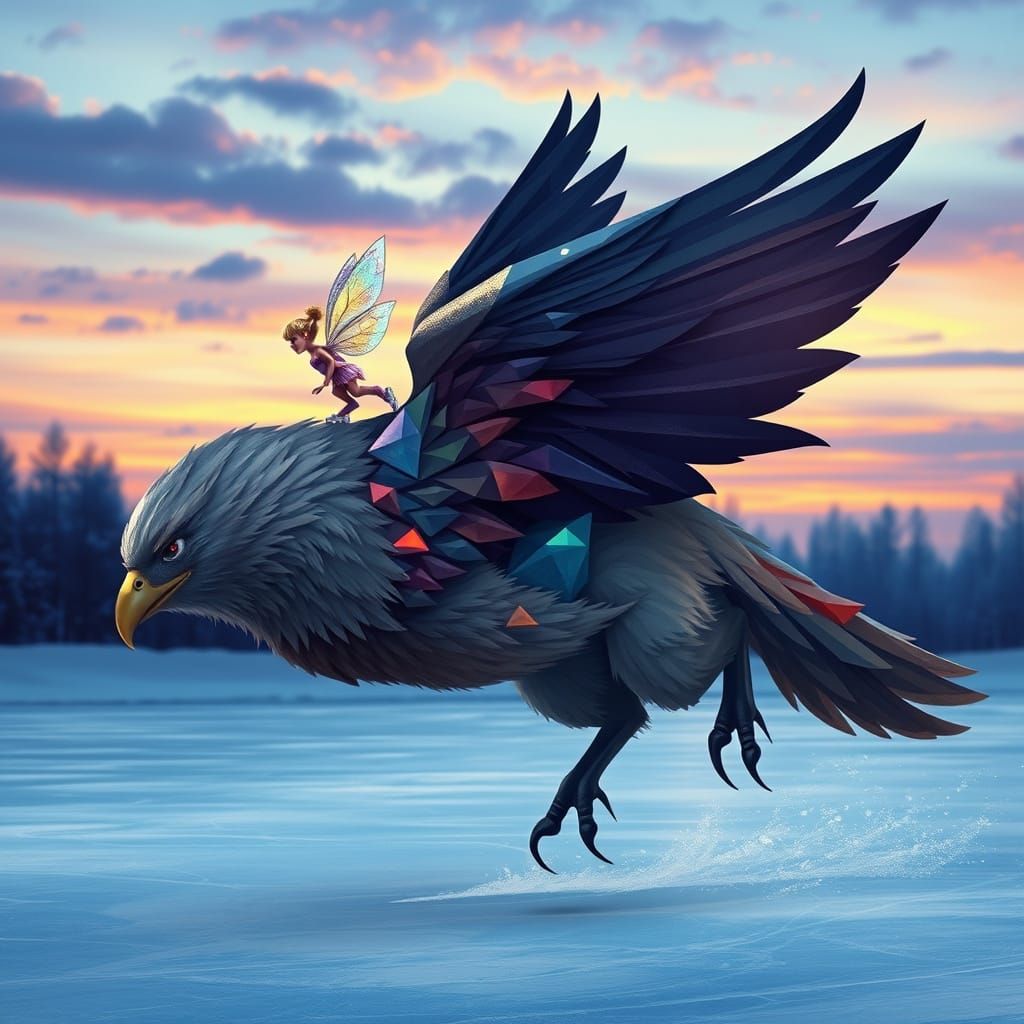 Pixie on Griffin Gliding on Frozen Rink, Cubist Art Deco Sty...