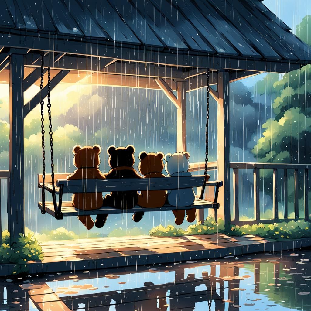 Teddy Bears Watching Rain in Anime Style