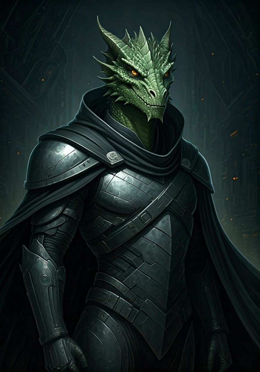 Dragonkin in Sci-Fi Armor in Industrial Landscape