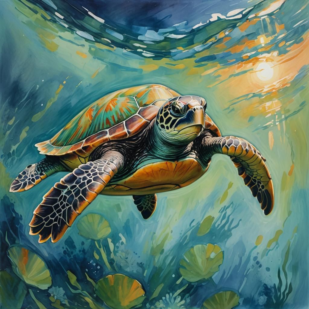 Sea Turtle Carries Earth: Impressionist Gouache Painting