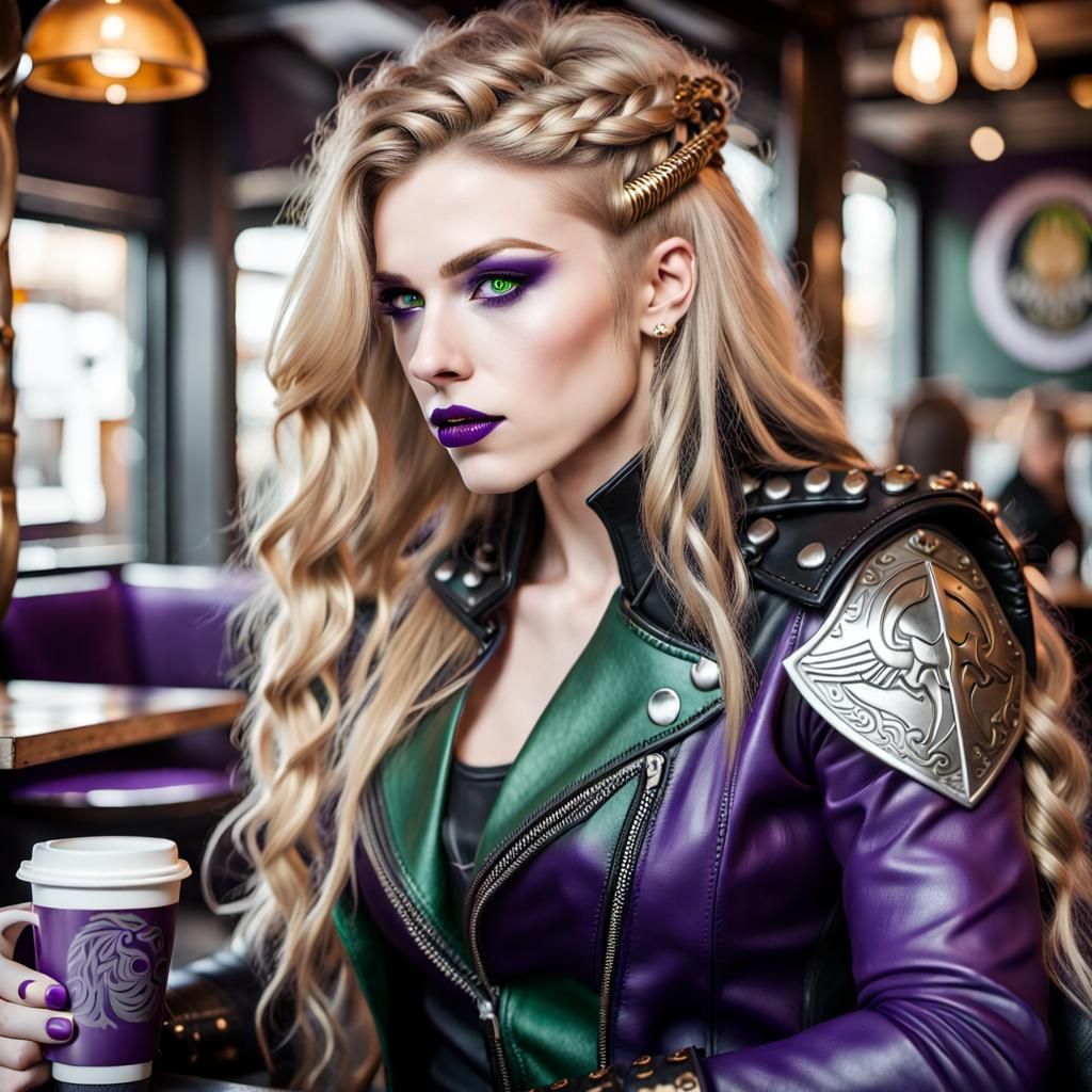Viking Valkyrie in Biker Outfit Drinking Coffee