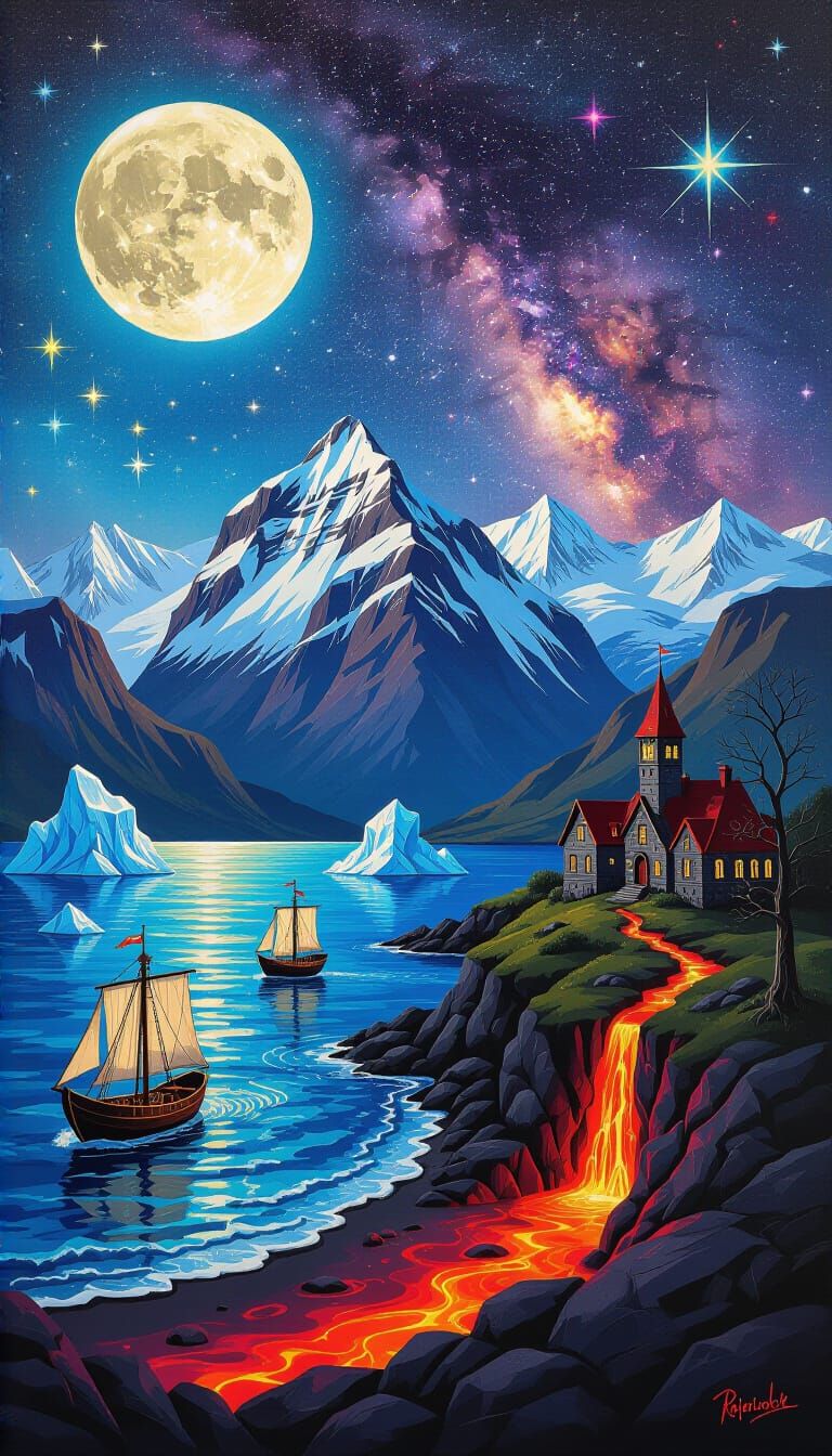 Gothic Fantasy Map: Viking Ships, Volcano, and Northern Ligh...