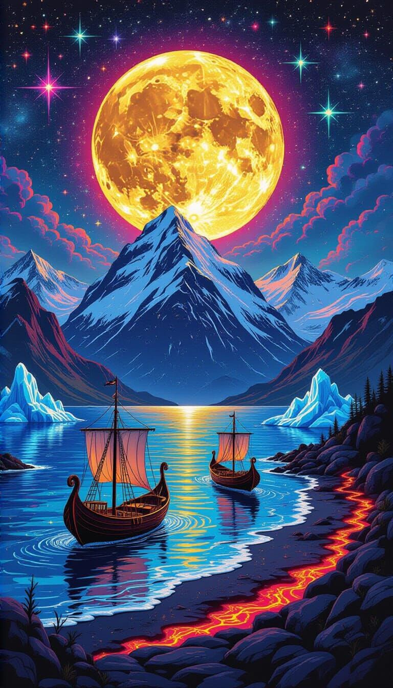 Dark Fantasy World Map with Viking Ships and Volcano