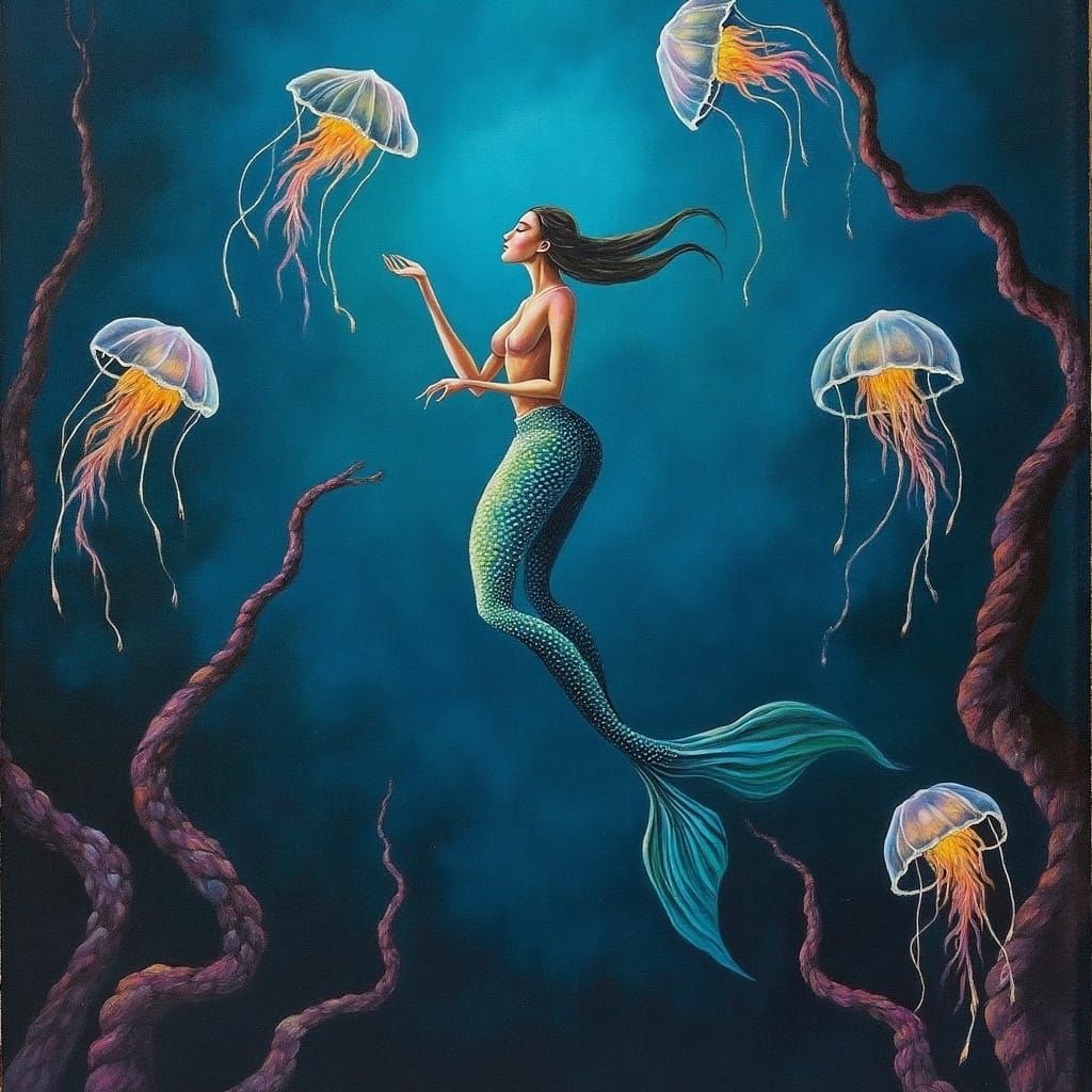 Bioluminescent Mermaid in Deep Ocean, Surrealist Style